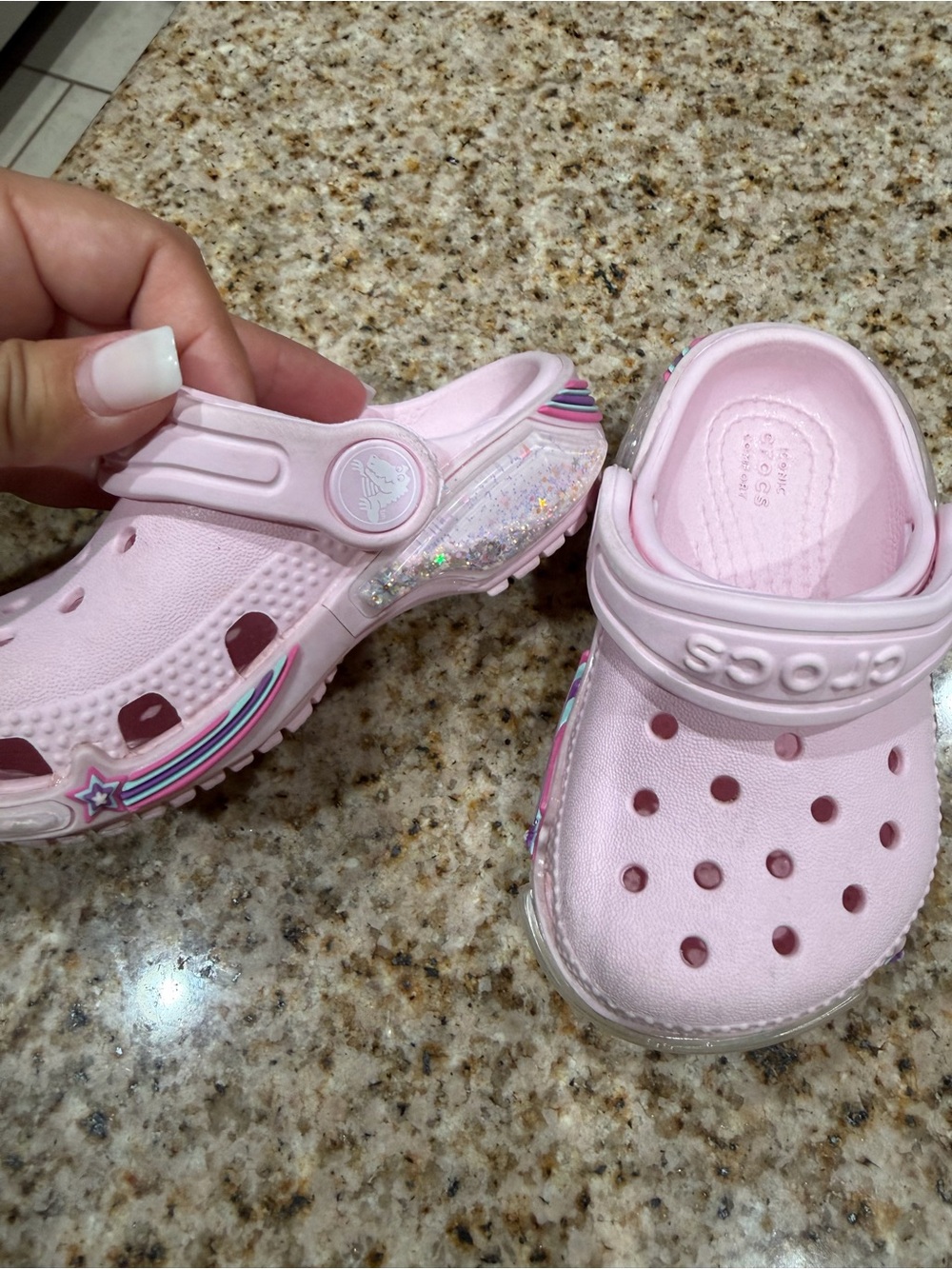 CROCS Kids Light Pink Glitter Clogs with Rainbow Stripe